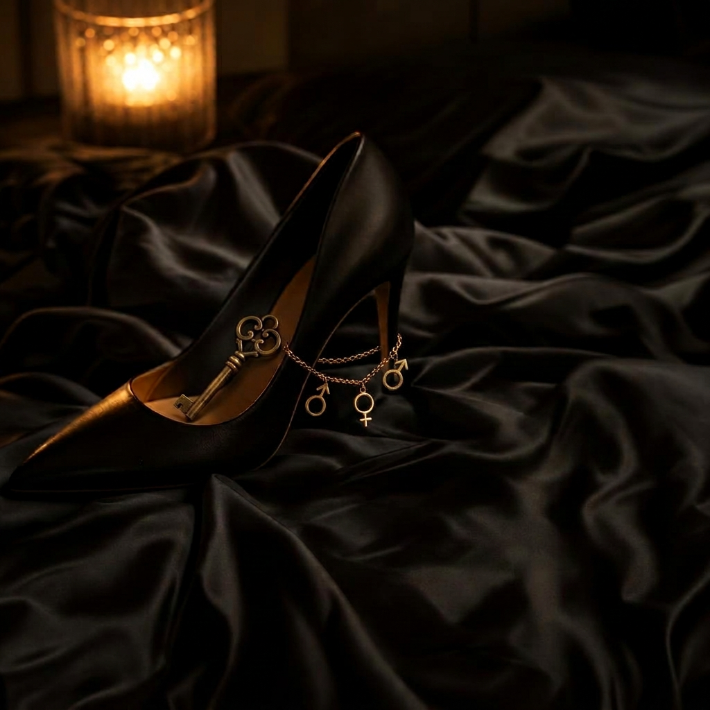 Schwarze Seidendecke, ein eleganter High Heel und eine goldene Fußkette mit männlichem, weiblichem und männlichem Symbol im Kerzenschein